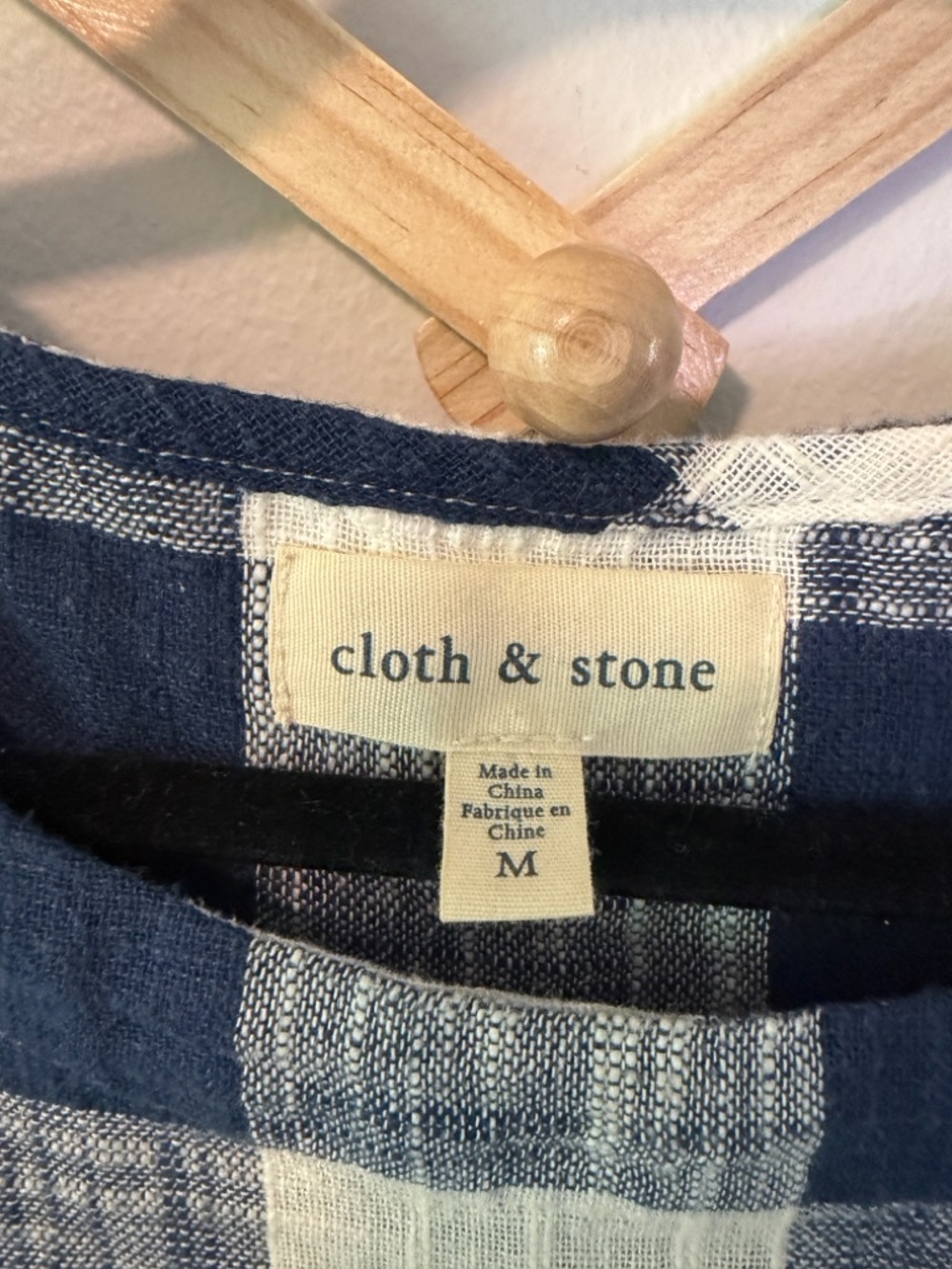 Anthropologie Cloth & Stone Blouse Linen Blend‎ M Navy Blue White Buffalo Plaid - Picture 5 of 10